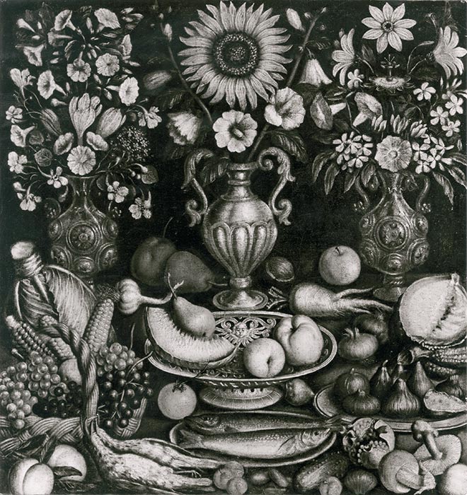 Allegri Ugo Fotografia — Anonimo lombardo sec. XVII - Natura morta con vasi di fiori, pesci, selvaggina, funghi e frutta — insieme